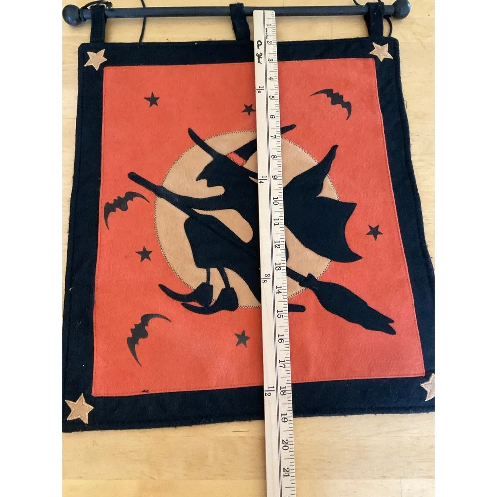 Halloween Witch Moon Felt Wall Hanging Banner Primitive Spooky  Orange Black